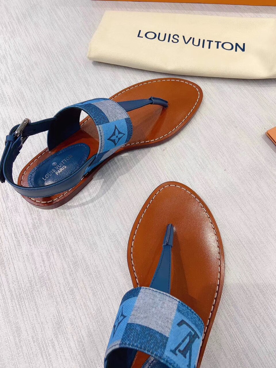 Louis Vuitton Starboard Flat Thong Sandal Monogram Denim Blue For Women LV - Soul Replicas