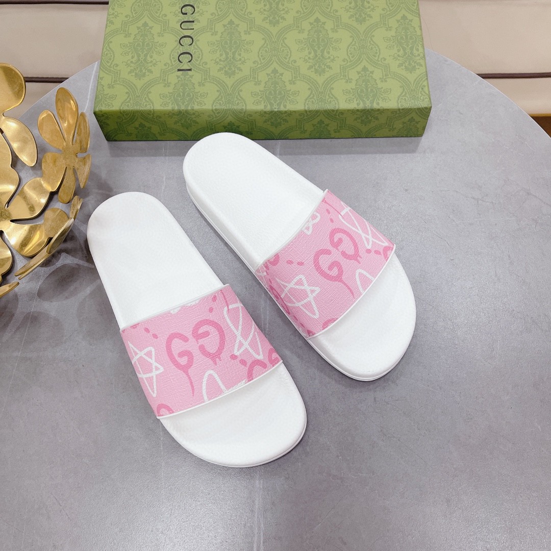 Gucci Women's Gucci Stars Print Slide Sandal Pink And White For Women 408508 - Soul Replicas