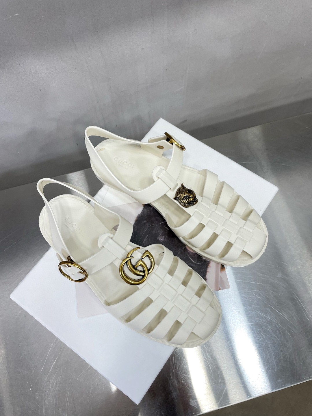 Gucci Women's Rubber Buckle Strap Sandal White For Women 463463 - Soul Replicas