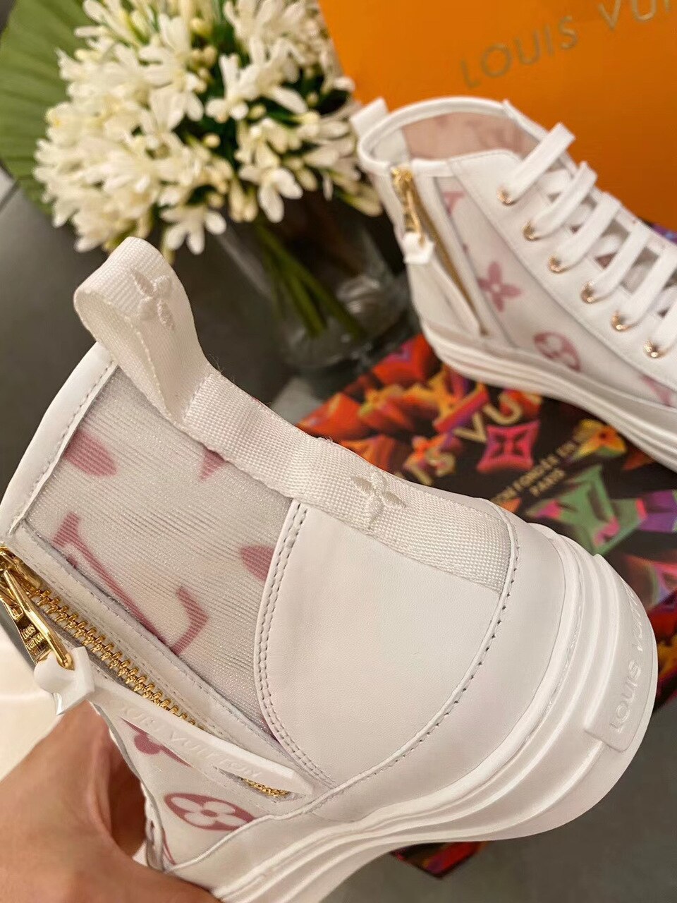Louis Vuitton Stellar Sneaker Boot Monogram Denim Pink/White For Women LV - Soul Replicas