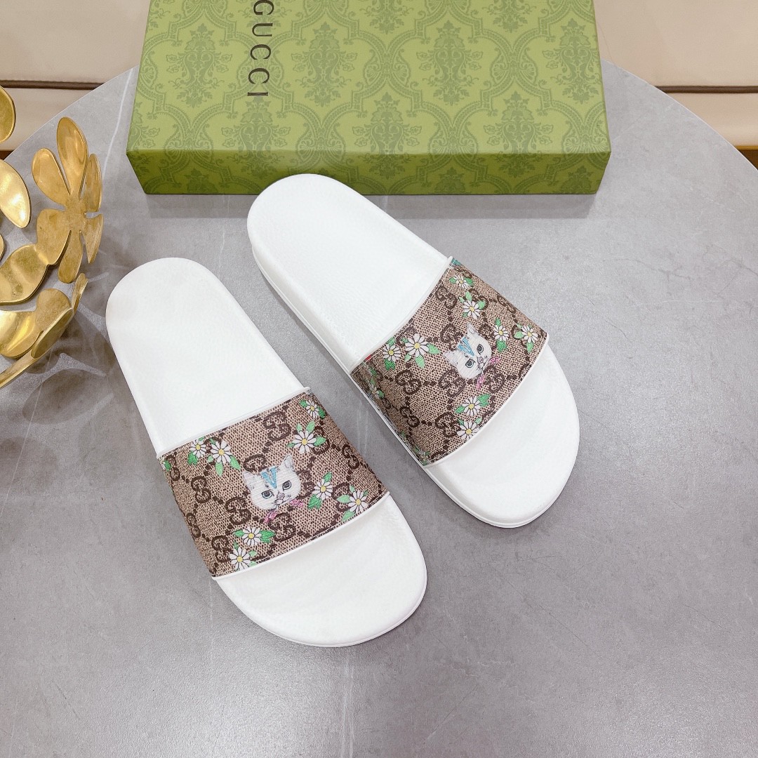 Gucci Women's Gucci Slide Sandal With Cat White And Brown For Women 407345 - Soul Replicas