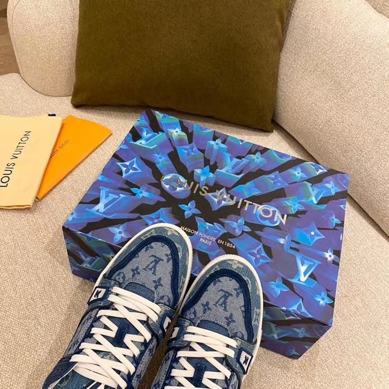 Louis Vuitton Trainer Sneaker Monogram Canvas Blue Virgil Abloh For Women LV - Soul Replicas