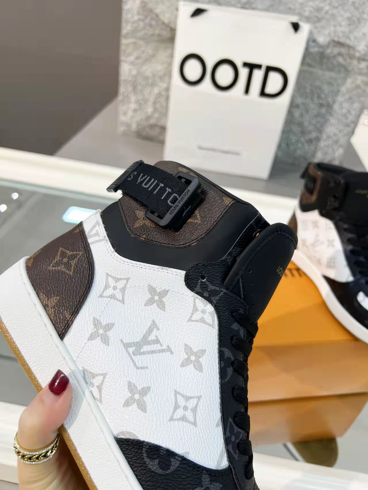 Louis Vuitton Boombox Sneaker Boot Patent Monogram Material Black/White For Women LV - Soul Replicas
