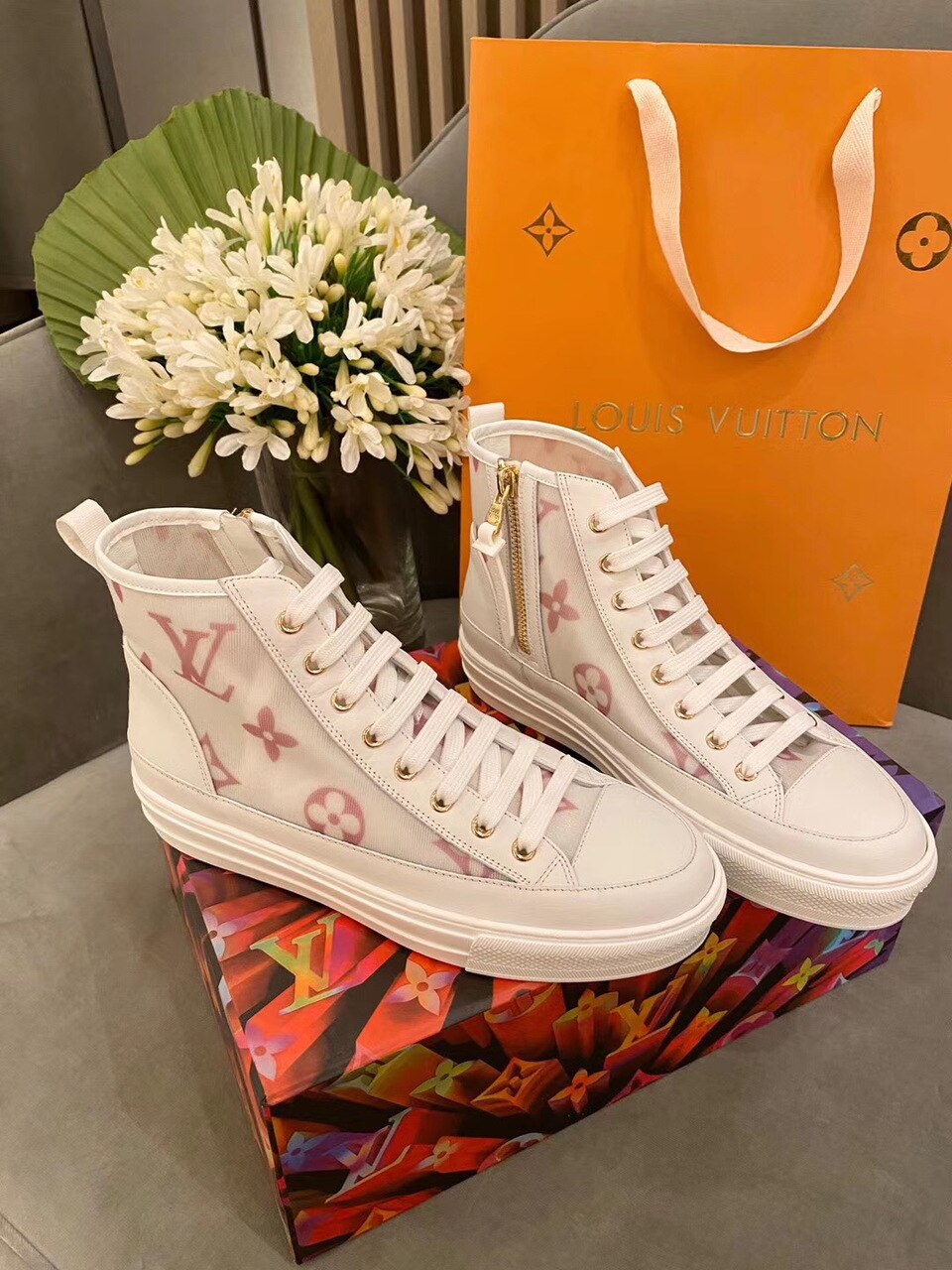 Louis Vuitton Stellar Sneaker Boot Monogram Denim Pink/White For Women LV - Soul Replicas