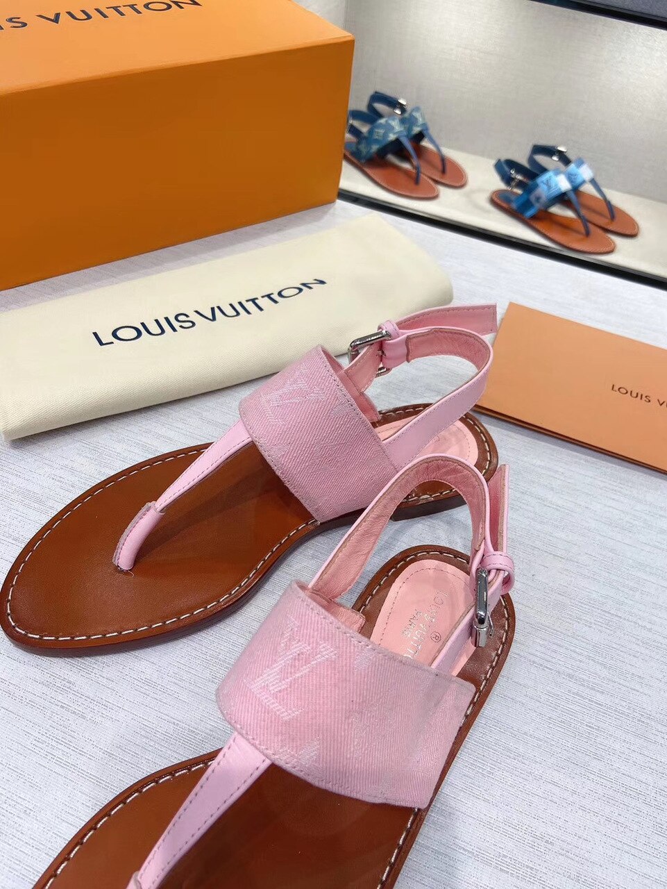 Louis Vuitton Starboard Flat Thong Sandal Monogram Denim Pink For Women LV - Soul Replicas