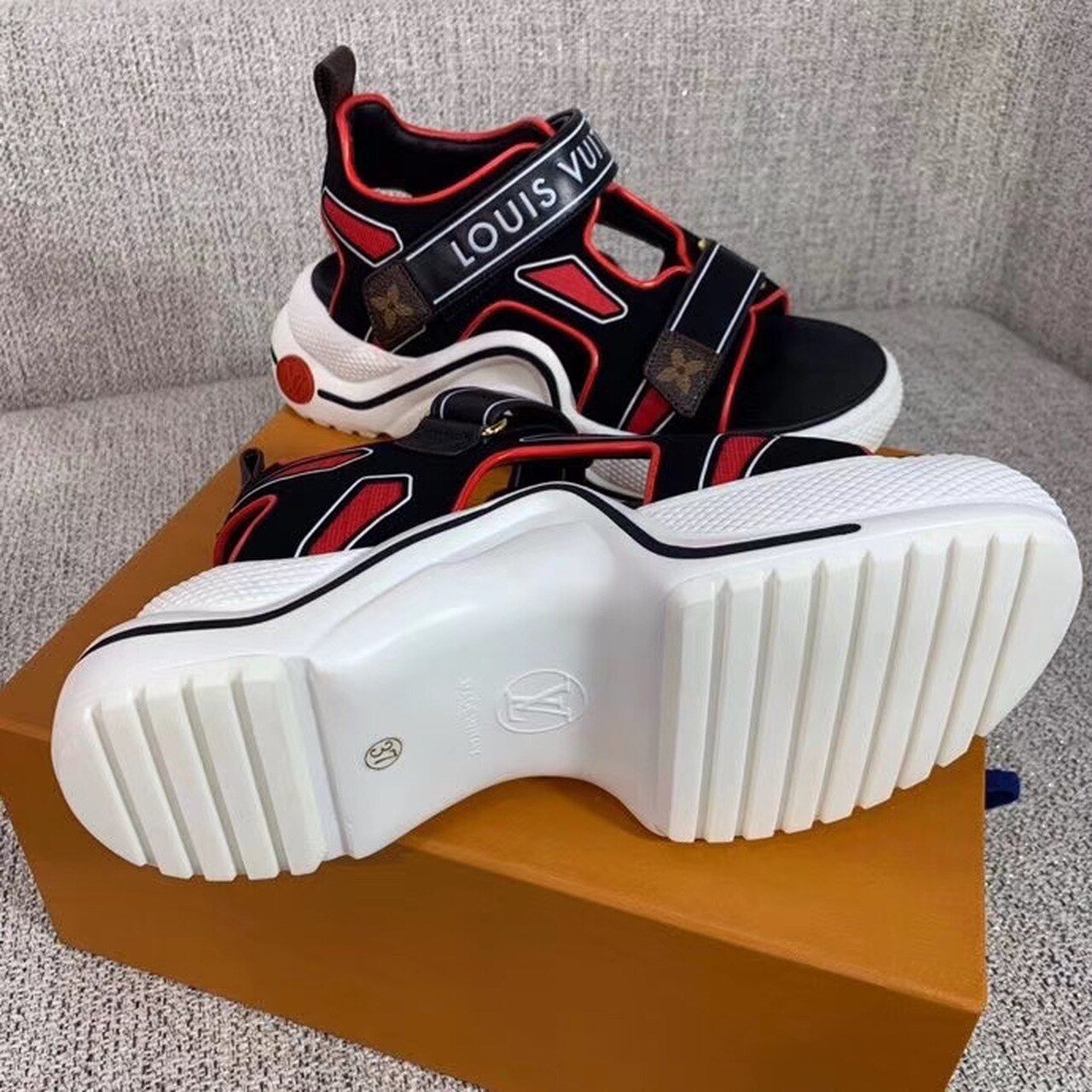 Louis Vuitton LV Archlight Flat Sandal Velvet Black/Red For Women LV - Soul Replicas