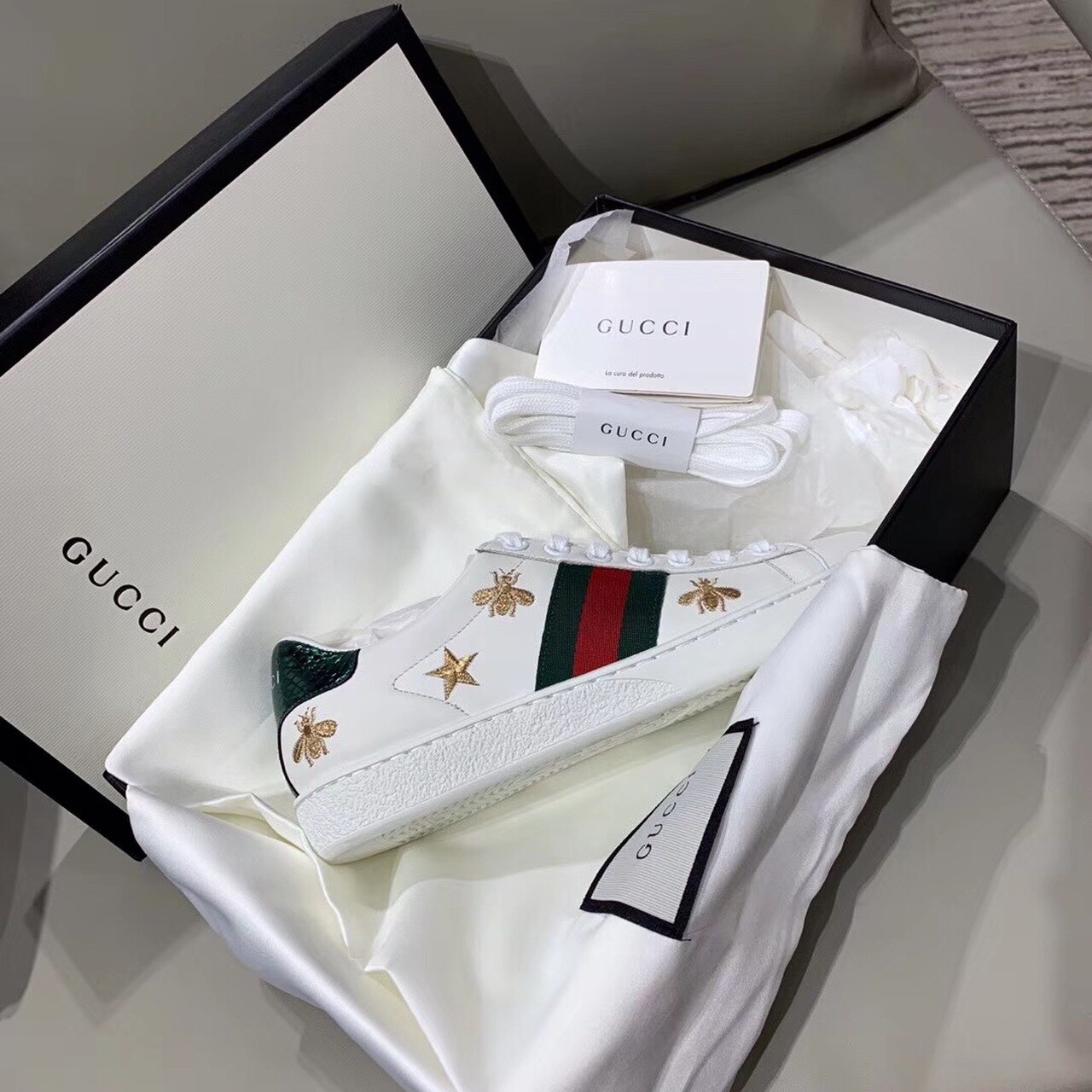 Gucci Women's Ace Sneaker With Bees And Stars White For Women Gucci 498205 AXWQ0 9098 - Soul Replicas