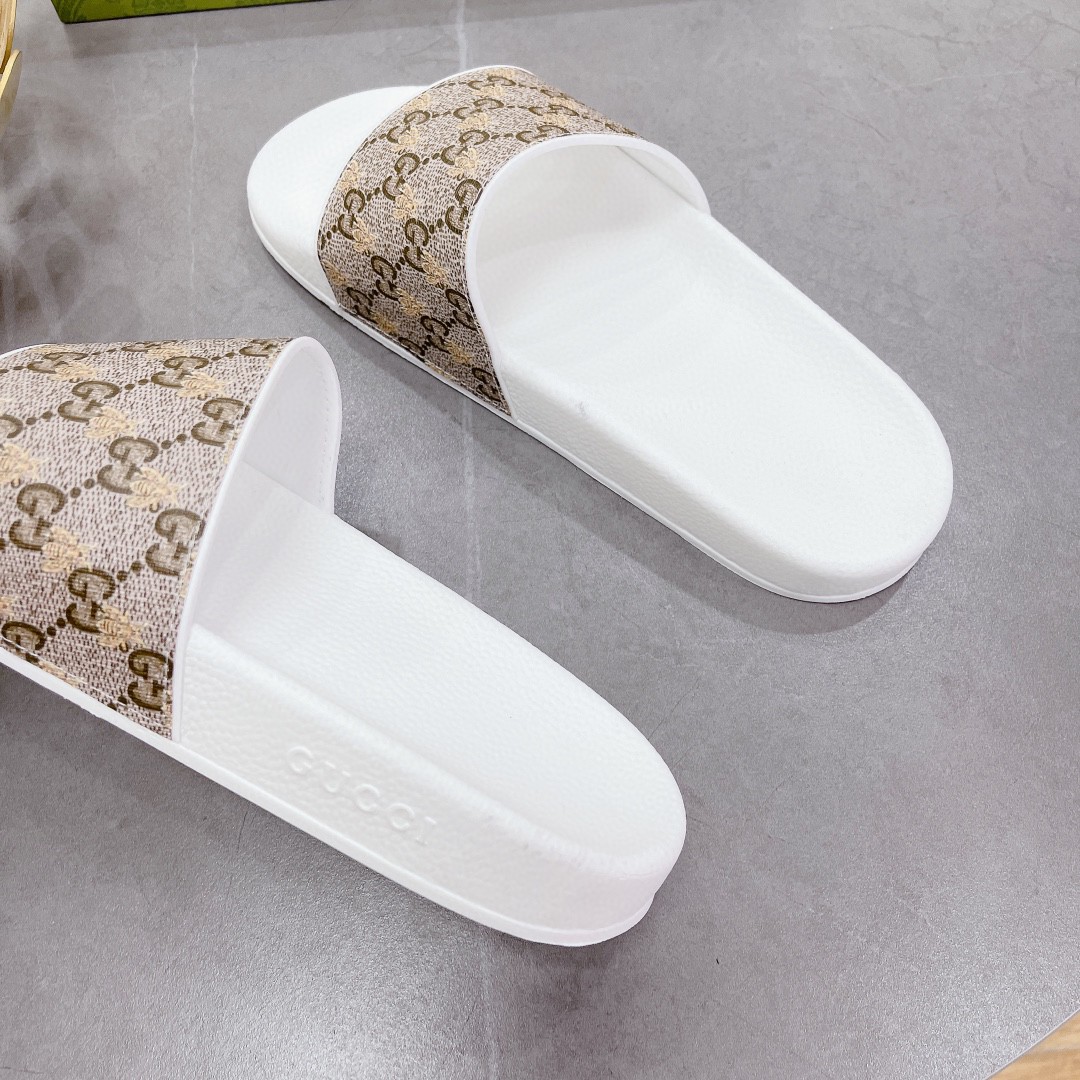 Gucci Women's Gucci Slide Sandal With Bees White And Brown For Women 407345 - Soul Replicas