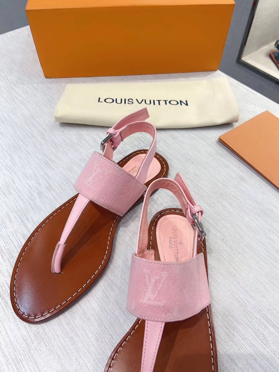 Louis Vuitton Starboard Flat Thong Sandal Monogram Denim Pink For Women LV - Soul Replicas