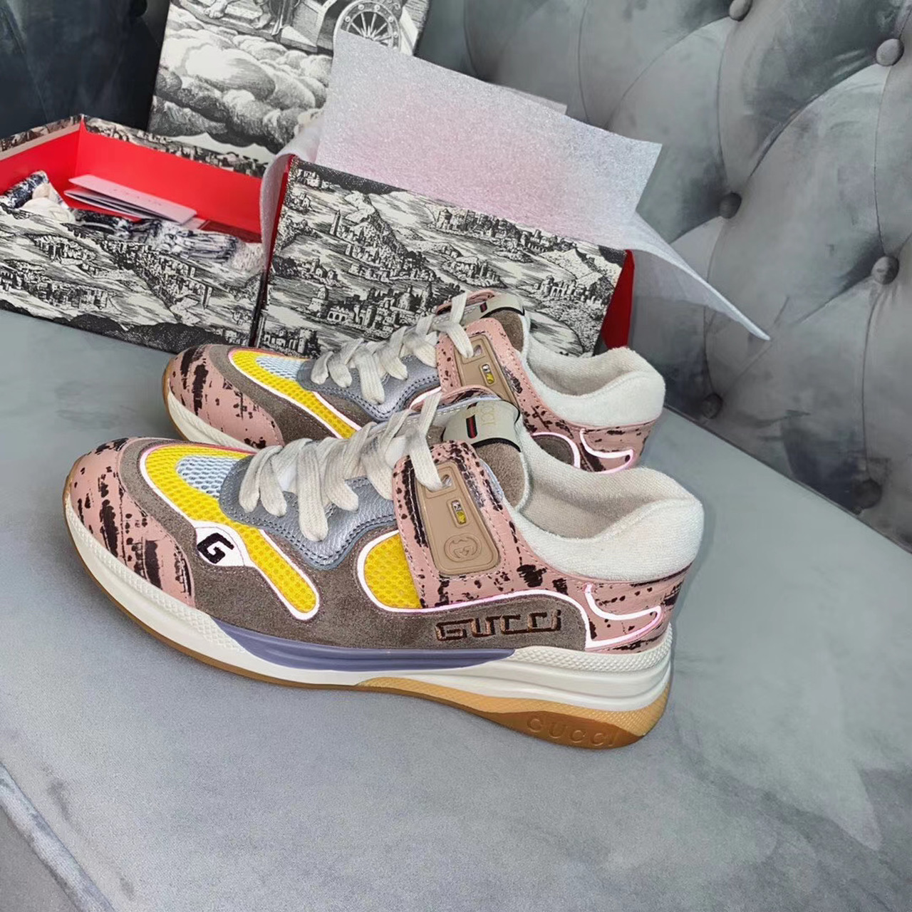 Gucci Ultrapace Sneakers 592348 Calfskin Leather Spring/Summer Collection. Pink Rock Tejus/Green - Soul Replicas