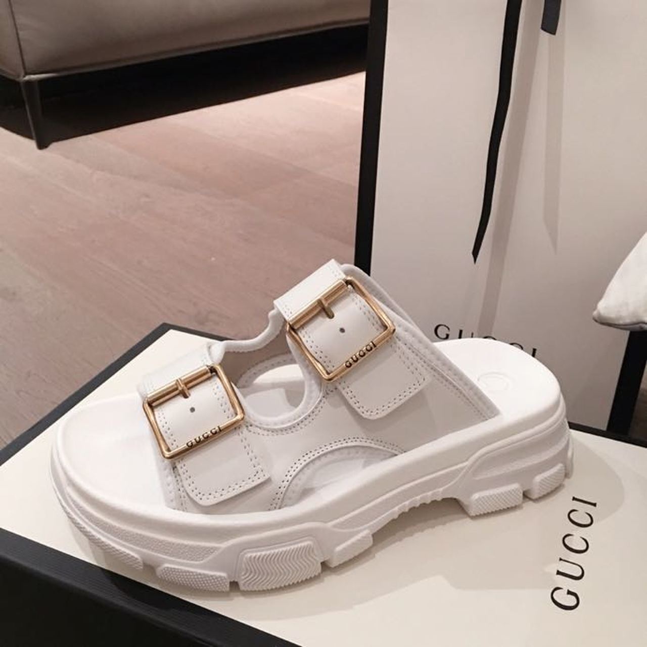 Gucci Aguru Open 2 Buckle Sandals Calfskin Leather Spring/Summer Collection White - Soul Replicas