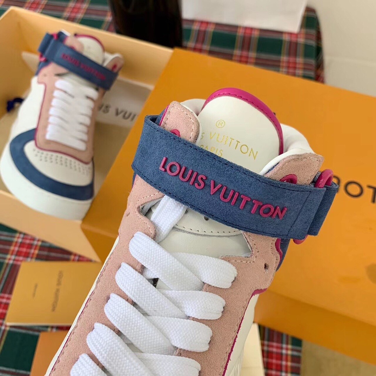 Louis Vuitton Boombox Sneaker Boot Calfskin Leather Spring/Summer Collection White/Bleu Jean/Pink - Soul Replicas