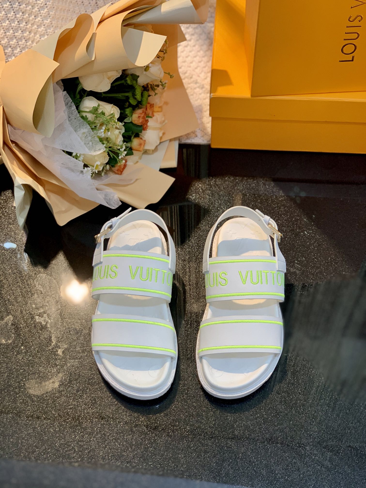 Louis Vuitton Women's Paseo flat Comfort Sandal White And Neon For Women LV - Soul Replicas