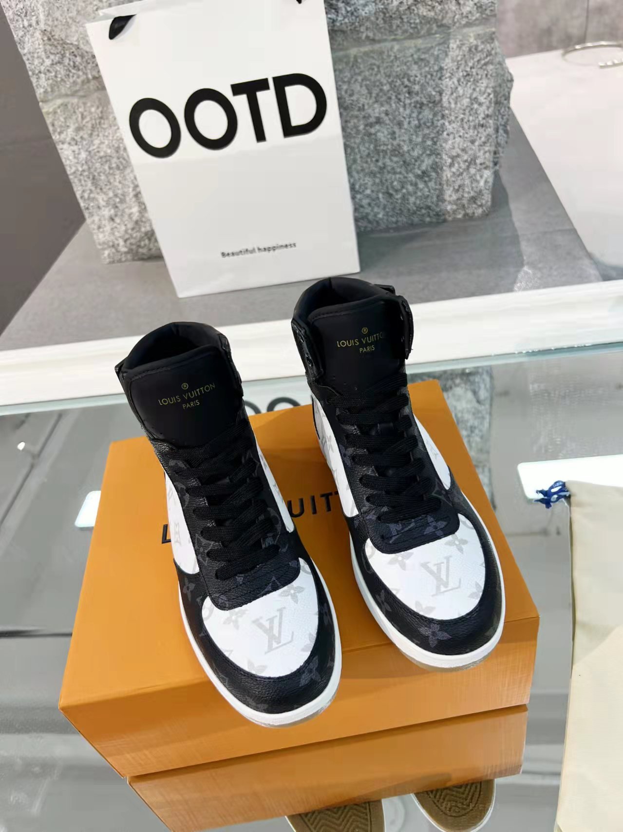 Louis Vuitton Boombox Sneaker Boot Patent Monogram Material Black/White For Women LV - Soul Replicas