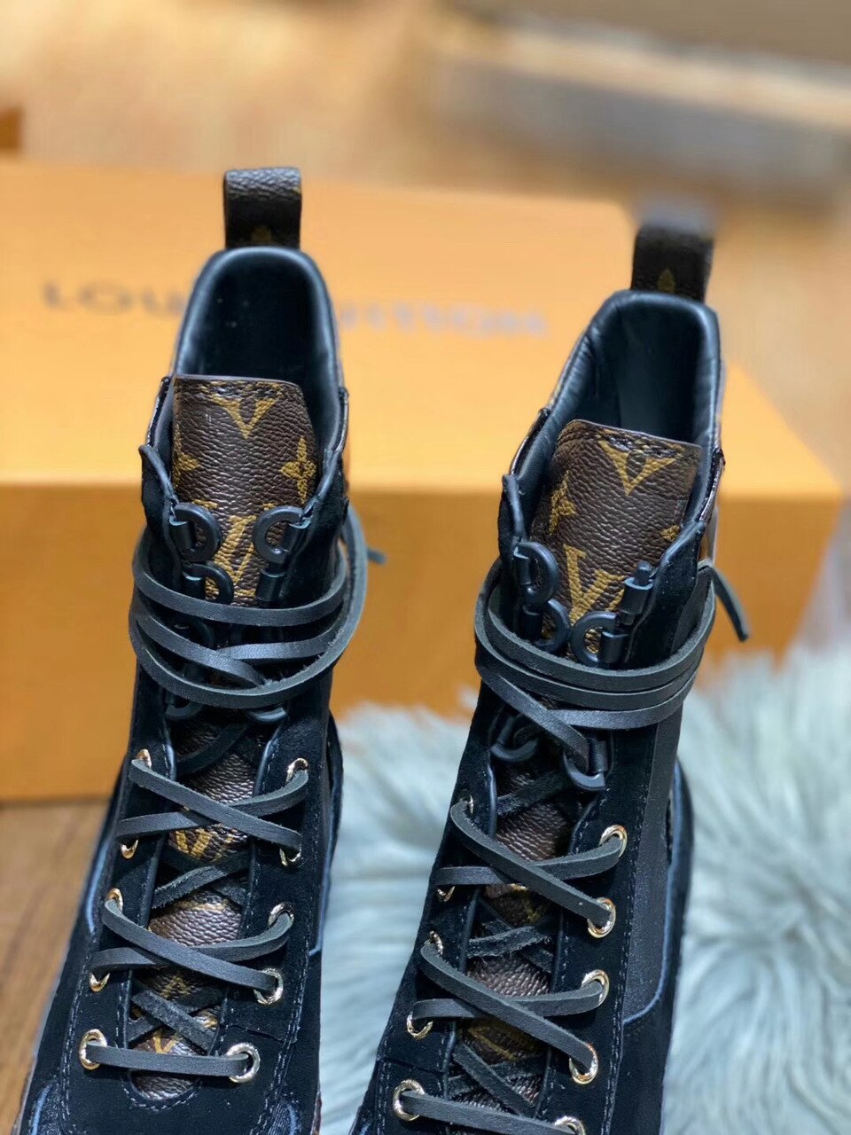 Louis Vuitton Laureate Desert Boot Patent Monogram Material Black For Women LV 1A4XY1 - Soul Replicas