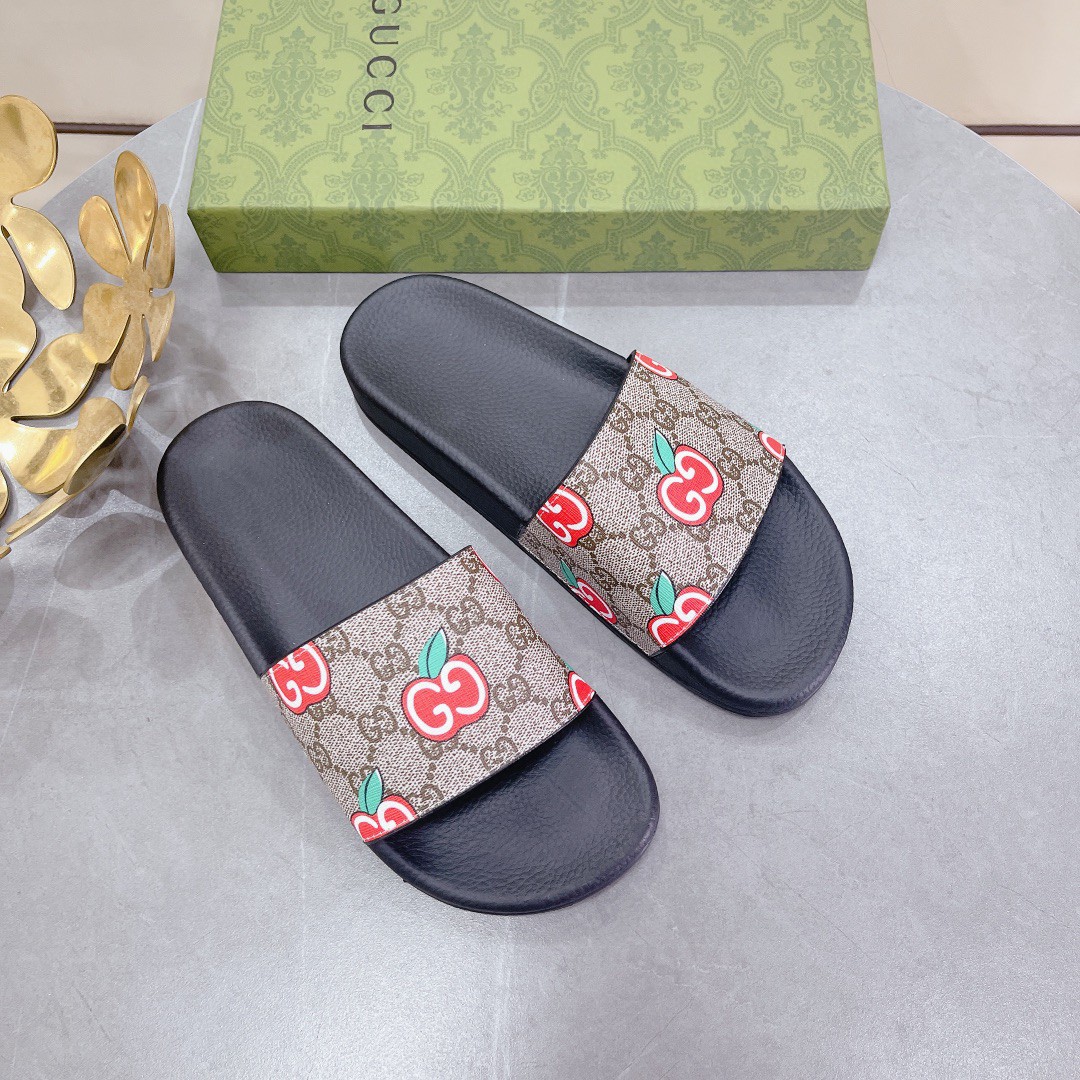 Gucci Women's Slide Sandal With Gucci Apple Black For Women 407345 - Soul Replicas