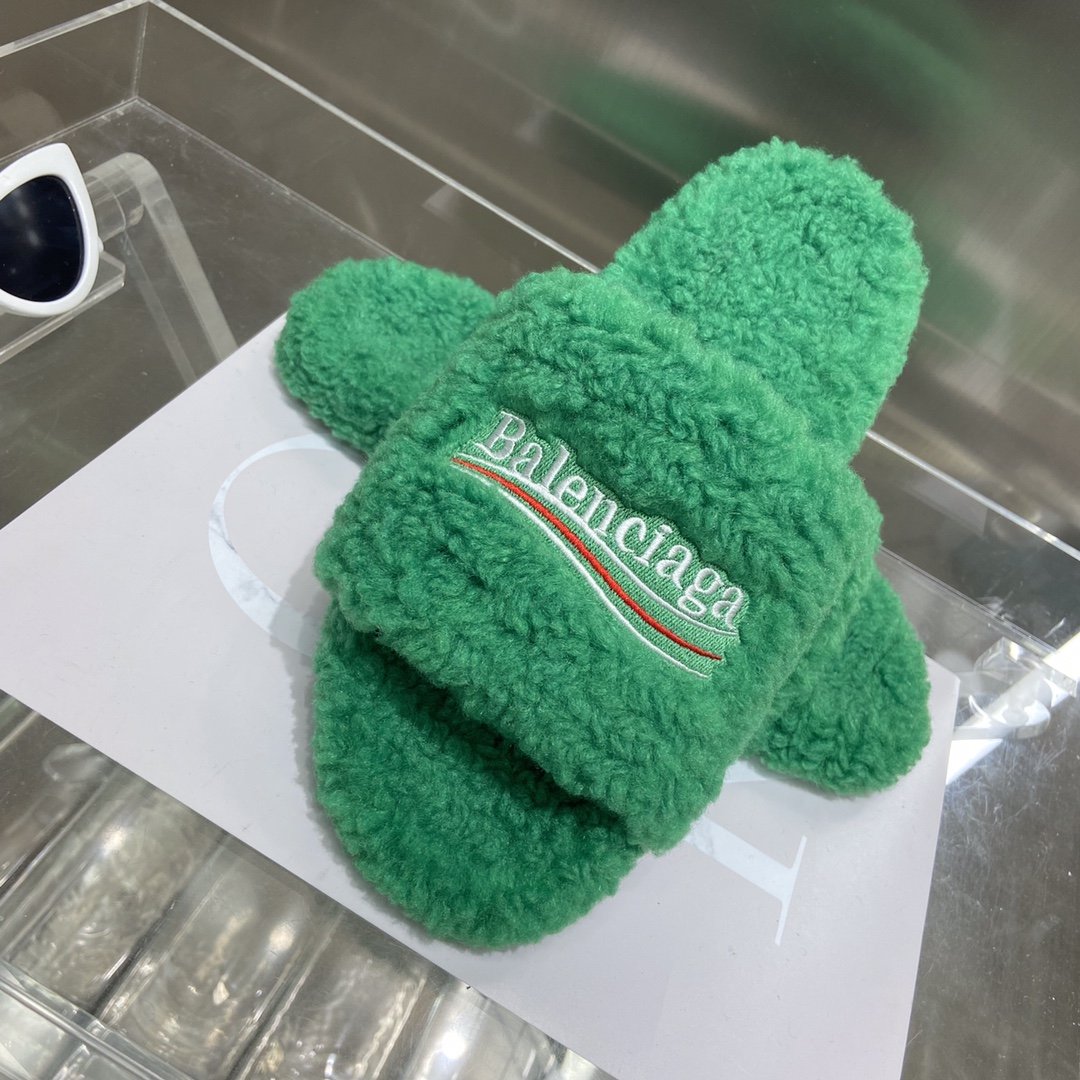 Balenciaga Furry Slide Sandal Green For Women - Soul Replicas