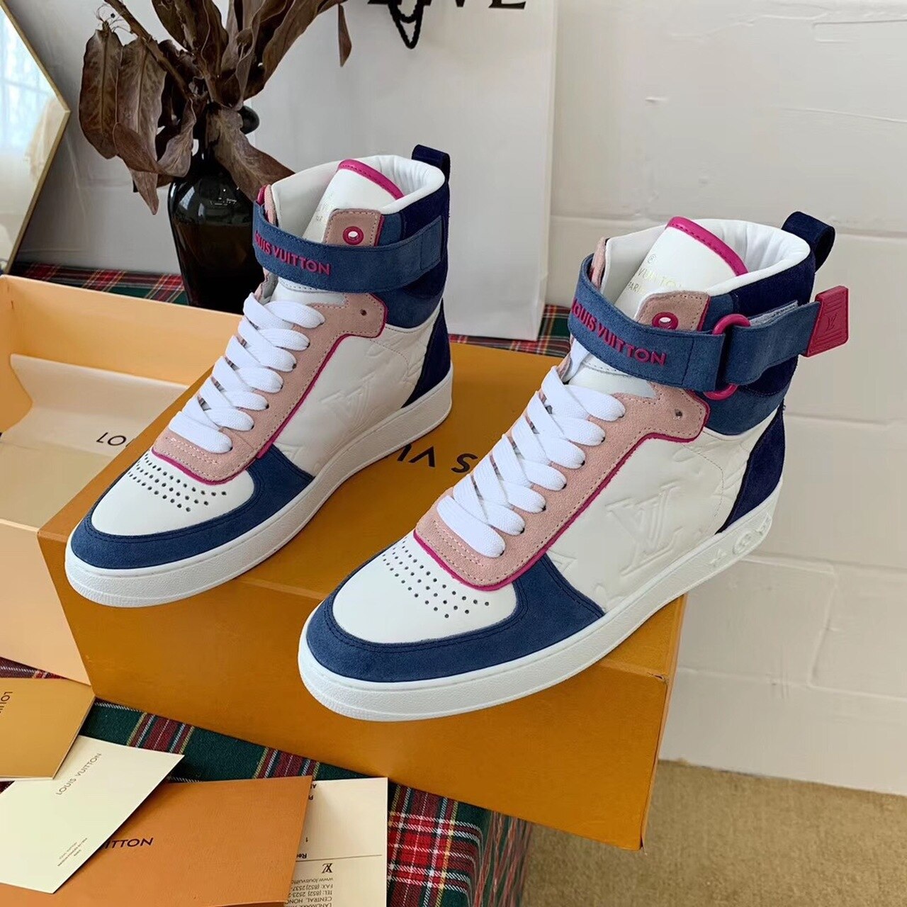 Louis Vuitton Boombox Sneaker Boot Calfskin Leather Spring/Summer Collection White/Bleu Jean/Pink - Soul Replicas