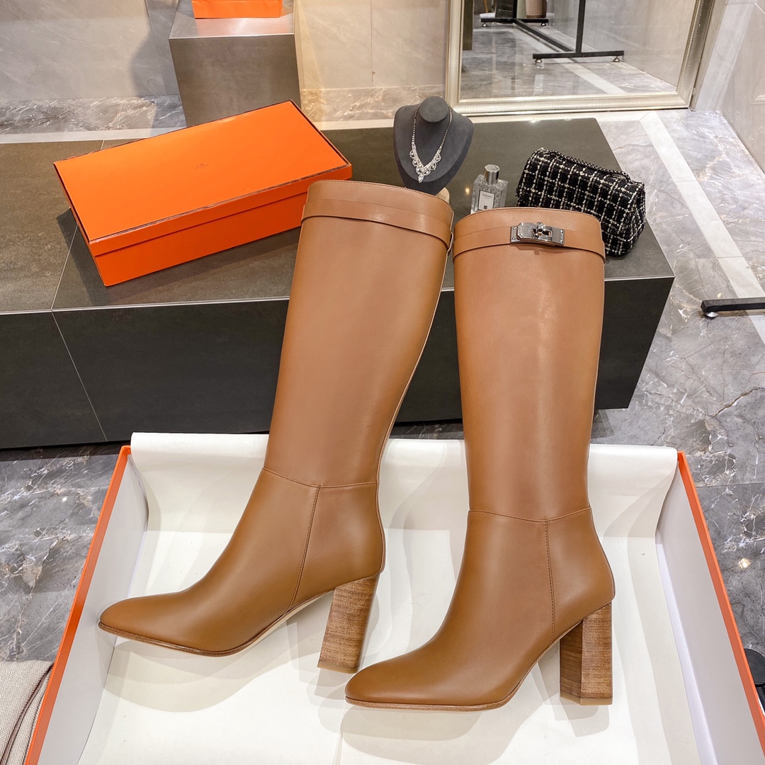 Hermes High Heel Boots Brown For Women 3.54in/9cm - Soul Replicas