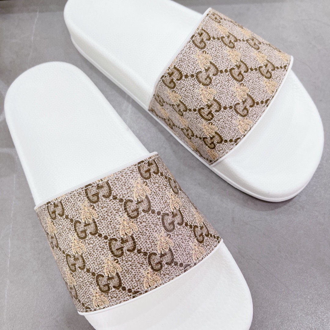 Gucci Women's Gucci Slide Sandal With Bees White And Brown For Women 407345 - Soul Replicas
