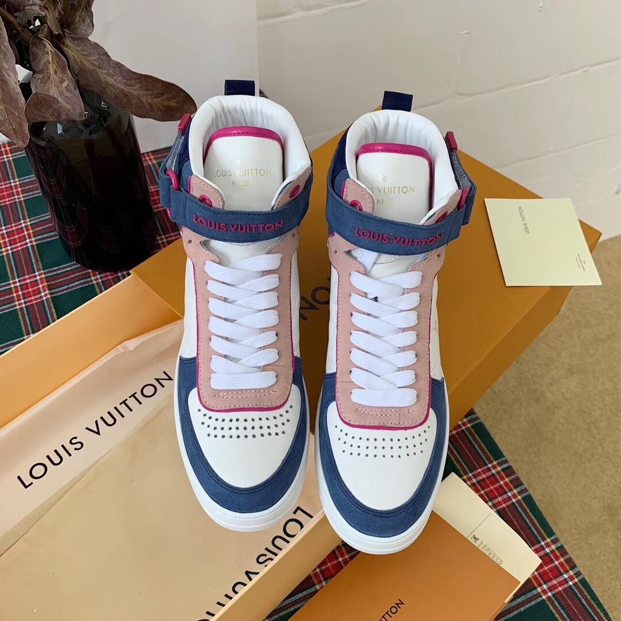 Louis Vuitton Boombox Sneaker Boot Calfskin Leather Spring/Summer Collection White/Bleu Jean/Pink - Soul Replicas