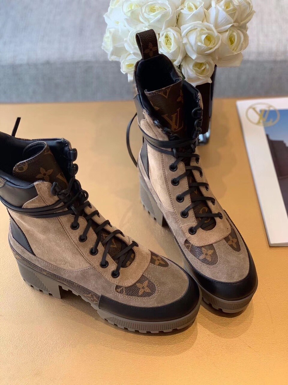 Louis Vuitton Laureate Desert Boot Patent Monogram Material Brown For Women LV 1A4XYE - Soul Replicas