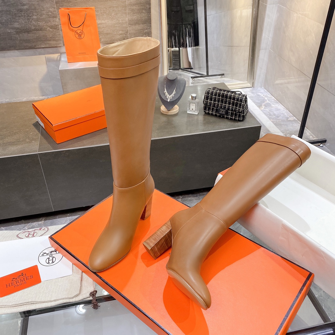 Hermes High Heel Boots Brown For Women 3.54in/9cm - Soul Replicas