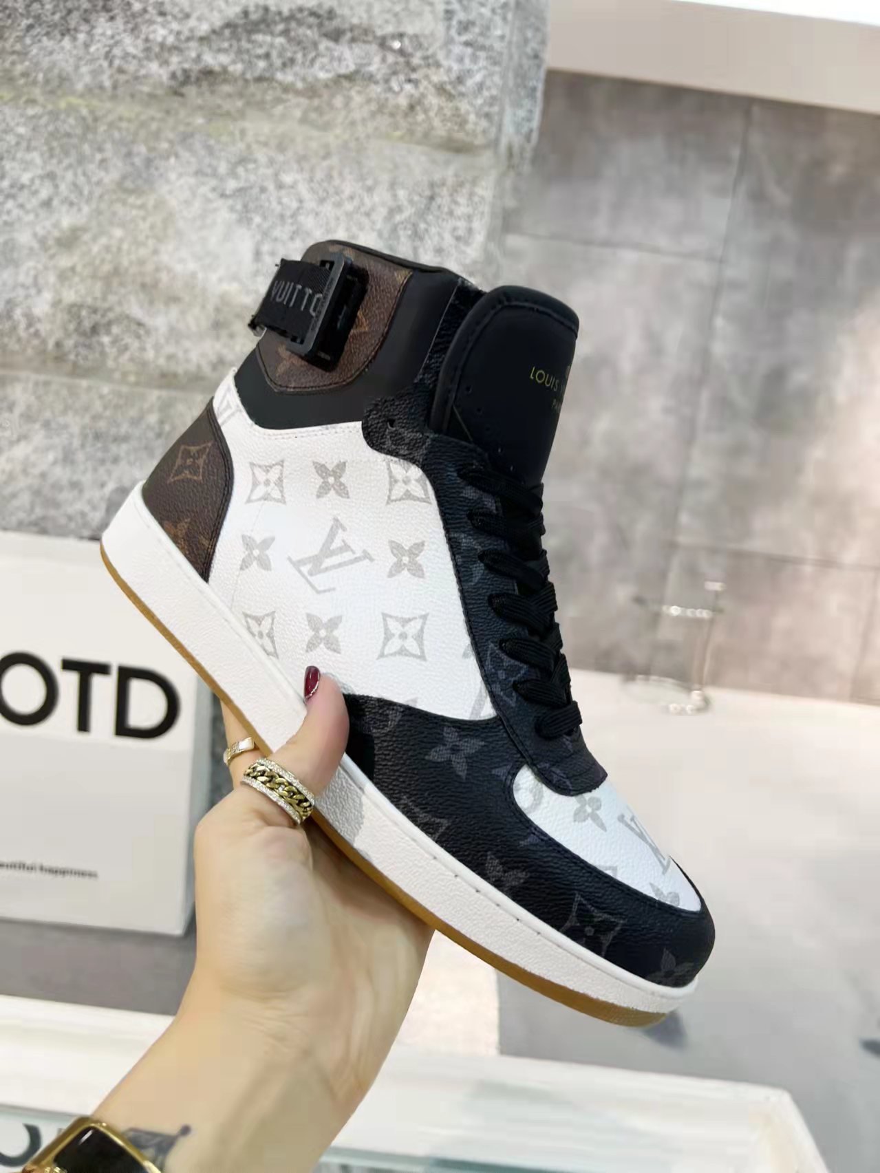 Louis Vuitton Boombox Sneaker Boot Patent Monogram Material Black/White For Women LV - Soul Replicas