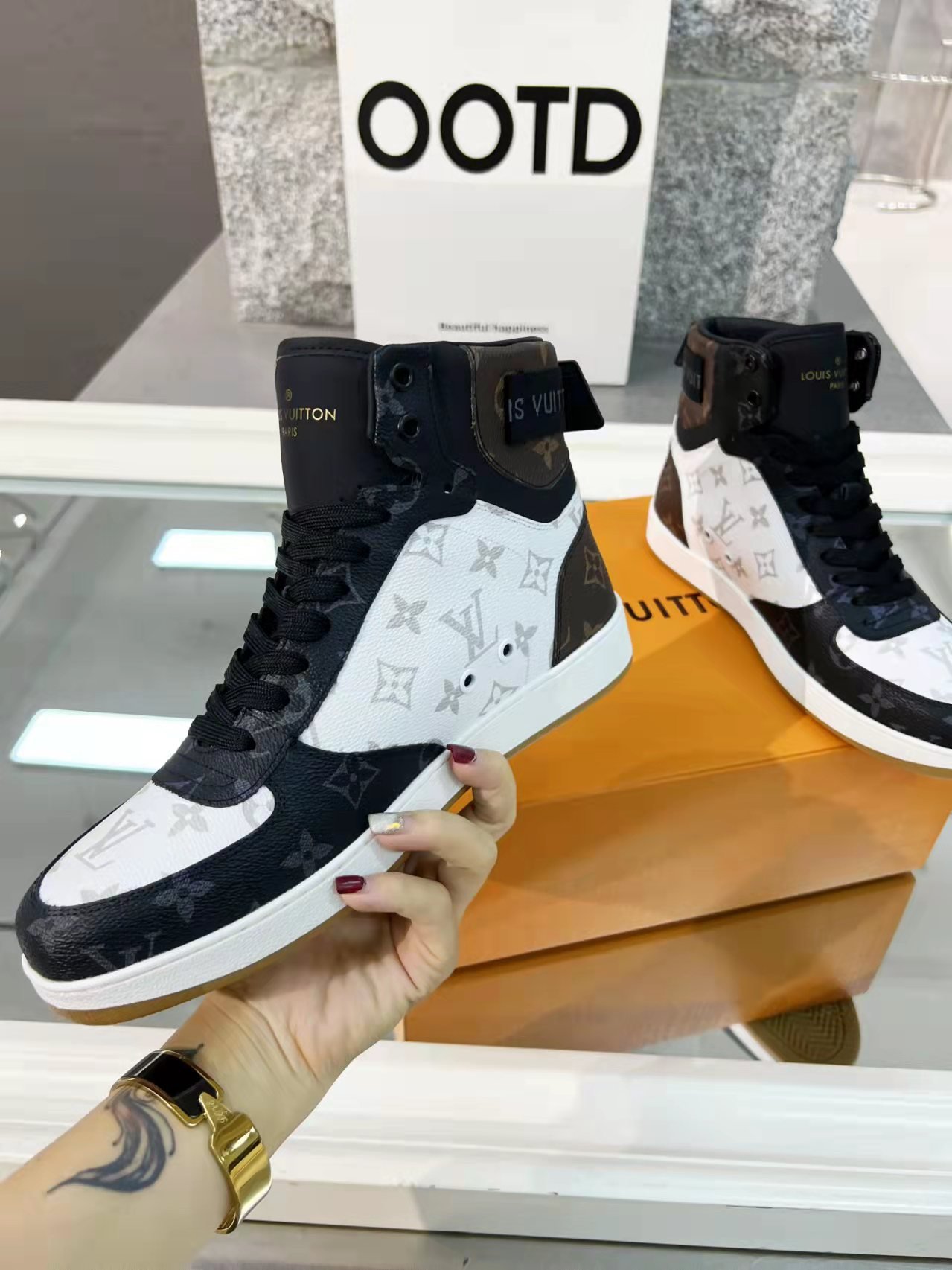 Louis Vuitton Boombox Sneaker Boot Patent Monogram Material Black/White For Women LV - Soul Replicas