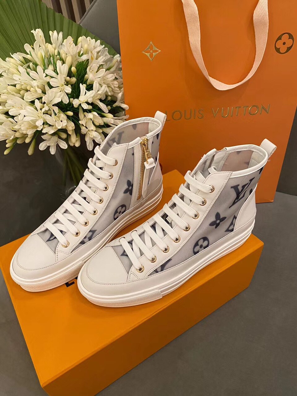 Louis Vuitton Stellar Sneaker Boot Patent Monogram Canvas Blue/White For Women LV - Soul Replicas