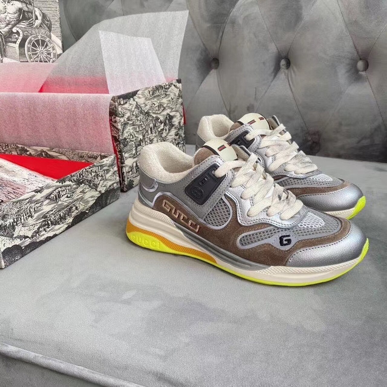 Gucci Ultrapace Sneakers Calfskin Leather Spring/Summer Collection Silver/Lime - Soul Replicas