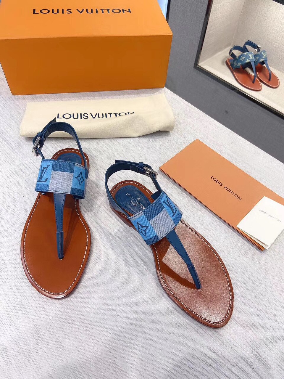 Louis Vuitton Starboard Flat Thong Sandal Monogram Denim Blue For Women LV - Soul Replicas