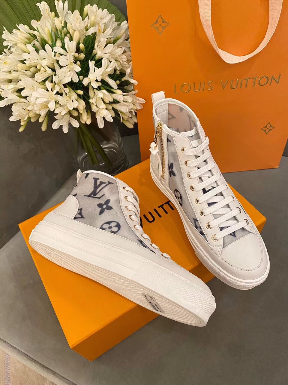 Louis Vuitton Stellar Sneaker Boot Patent Monogram Canvas Blue/White For Women LV - Soul Replicas