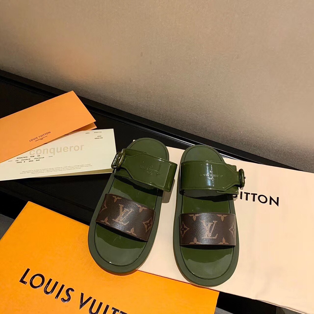 Louis Vuitton Sunbath Flat Mule Shiny Rubber Kaki For Women LV - Soul Replicas