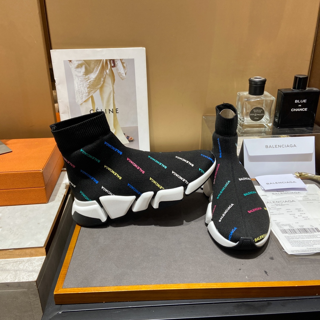 Balenciaga Speed 2.0 Allover Logo Recycled Knit Trainers Black For Women - Soul Replicas