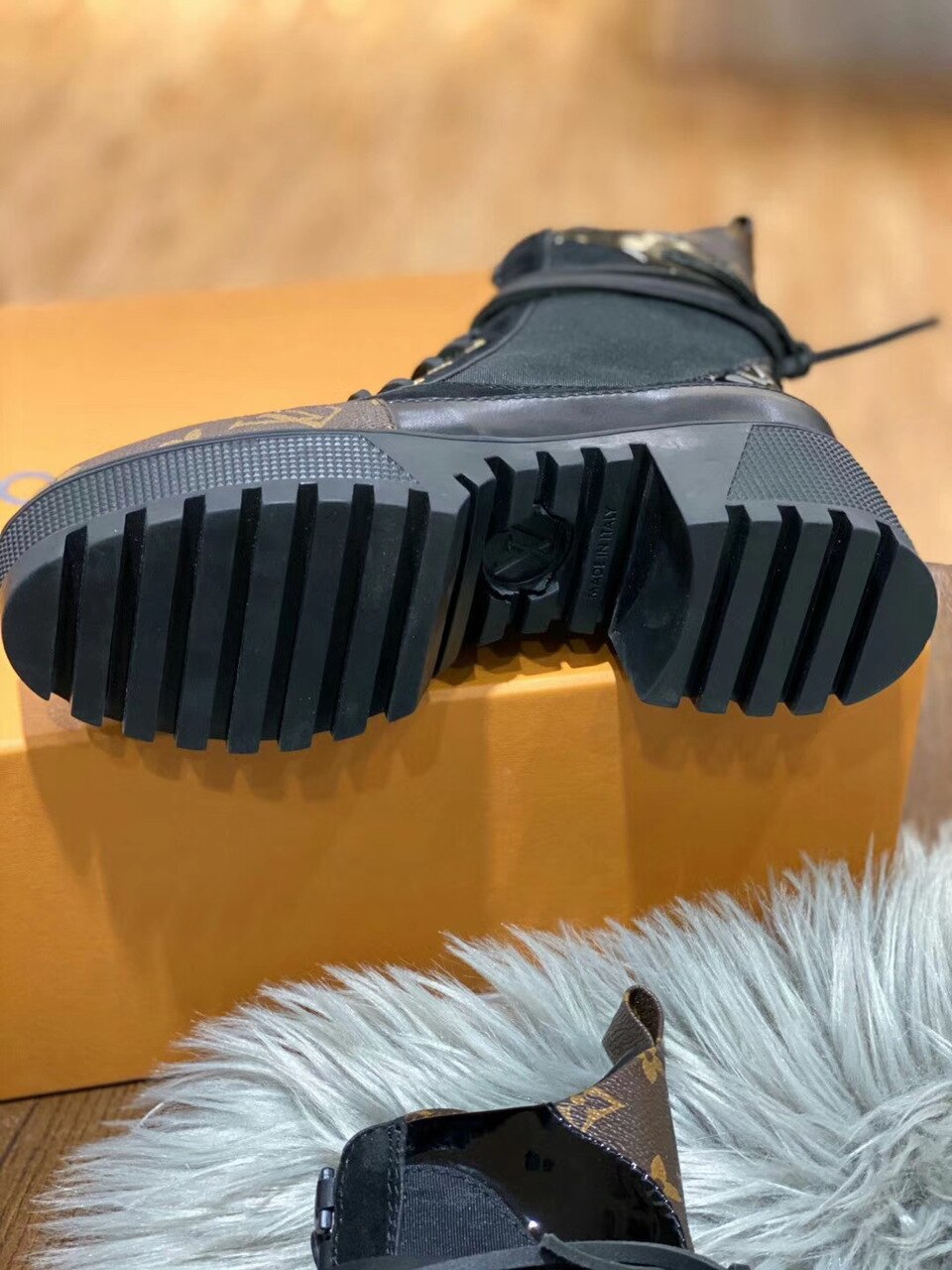 Louis Vuitton Laureate Desert Boot Patent Monogram Material Black For Women LV 1A4XY1 - Soul Replicas