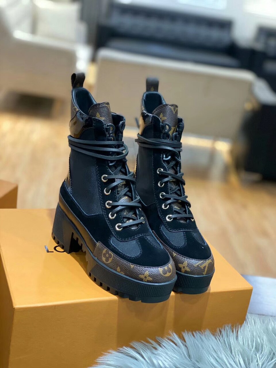 Louis Vuitton Laureate Desert Boot Patent Monogram Material Black For Women LV 1A4XY1 - Soul Replicas