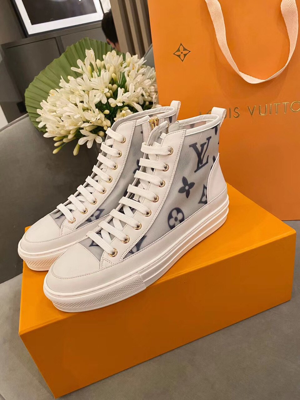 Louis Vuitton Stellar Sneaker Boot Patent Monogram Canvas Blue/White For Women LV - Soul Replicas