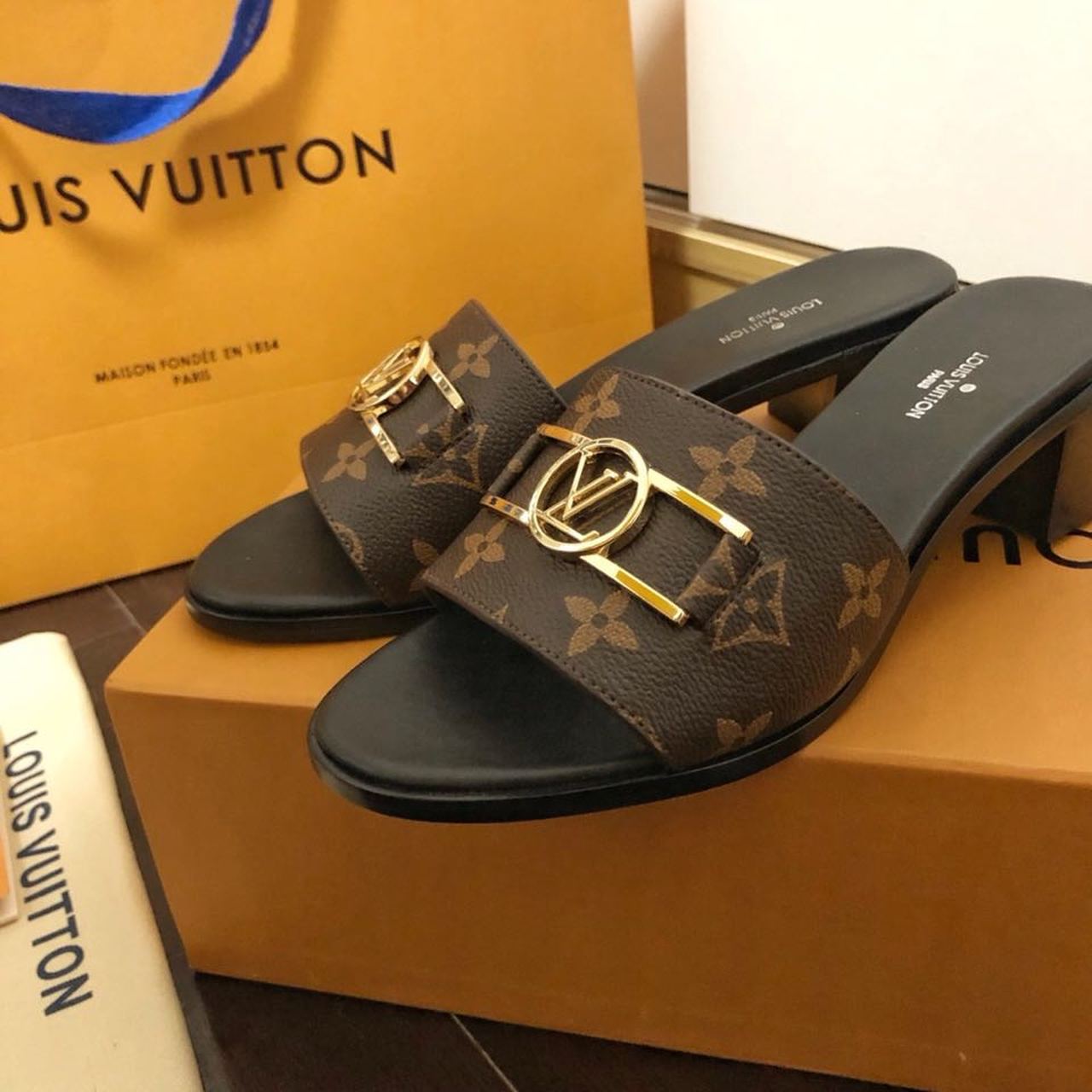 Louis Vuitton Lock It Mule Patent Monogram Canvas Black/Brown For Women LV 1A660F - Soul Replicas