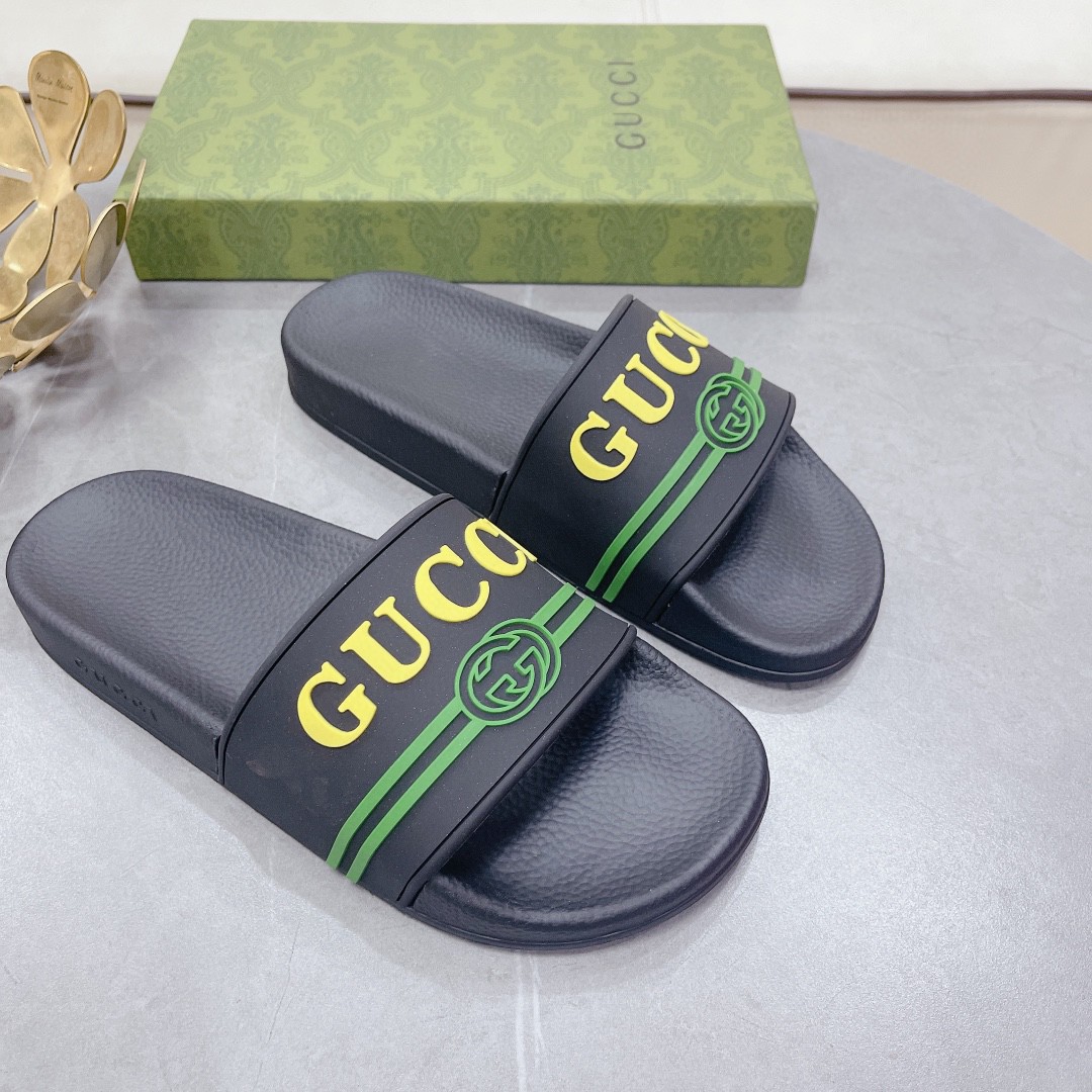 Gucci Women's Logo Rubber Slide Black Green And Yellow For Women 522887 - Soul Replicas