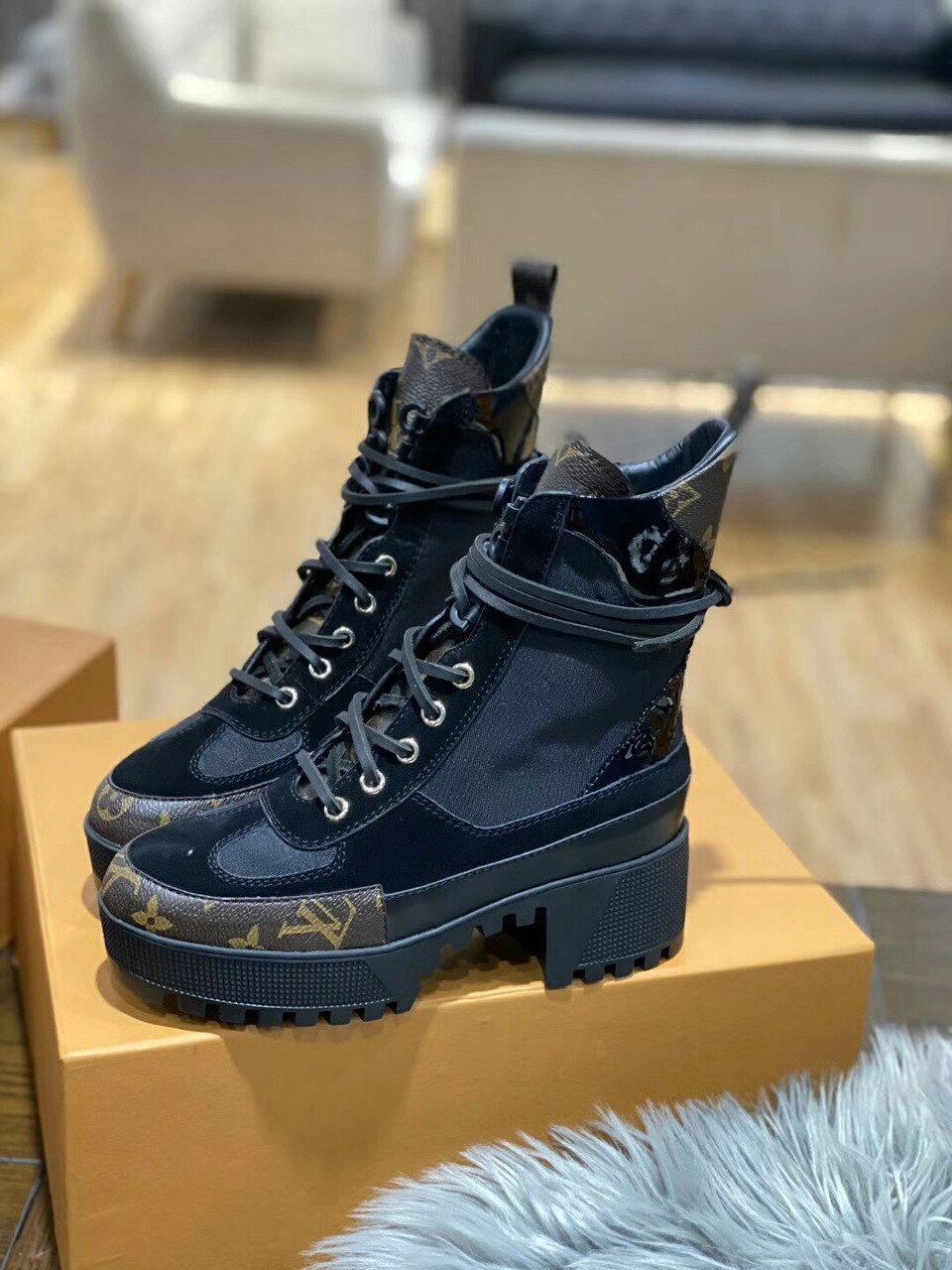 Louis Vuitton Laureate Desert Boot Patent Monogram Material Black For Women LV 1A4XY1 - Soul Replicas