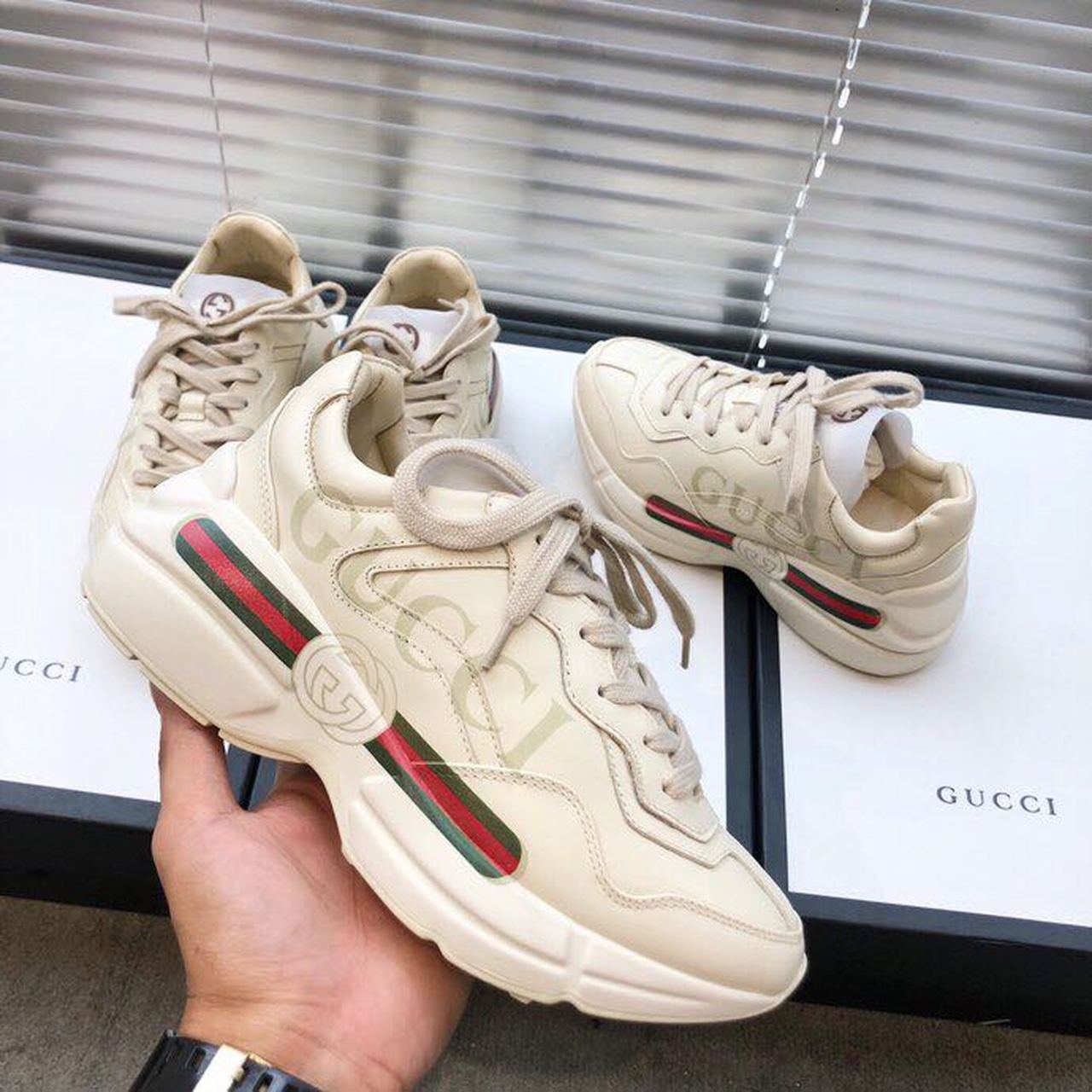 Gucci Women's Rhyton Gucci Logo Sneaker White For Women Gucci 528892 DRW00 9522 - Soul Replicas