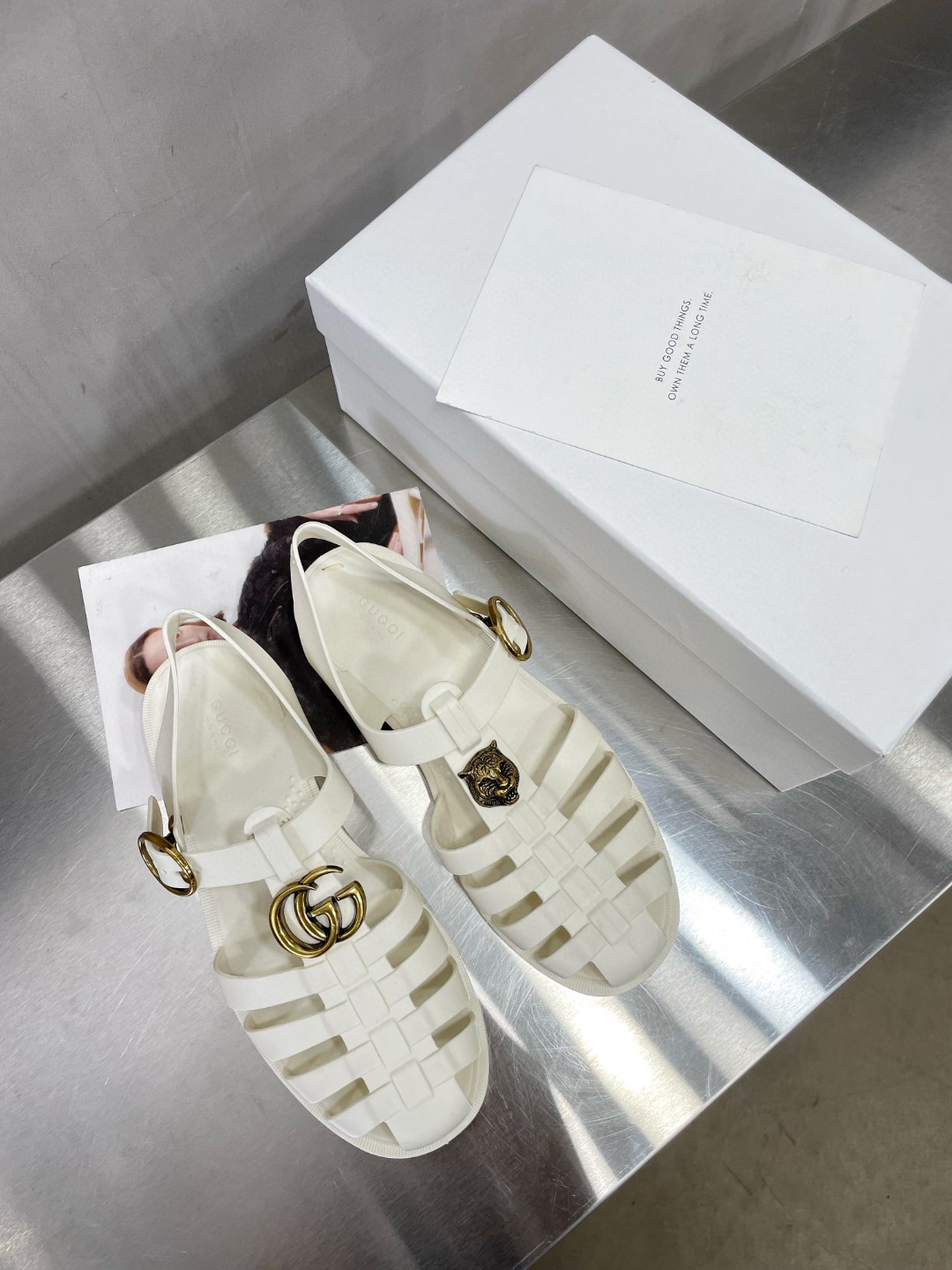 Gucci Women's Rubber Buckle Strap Sandal White For Women 463463 - Soul Replicas