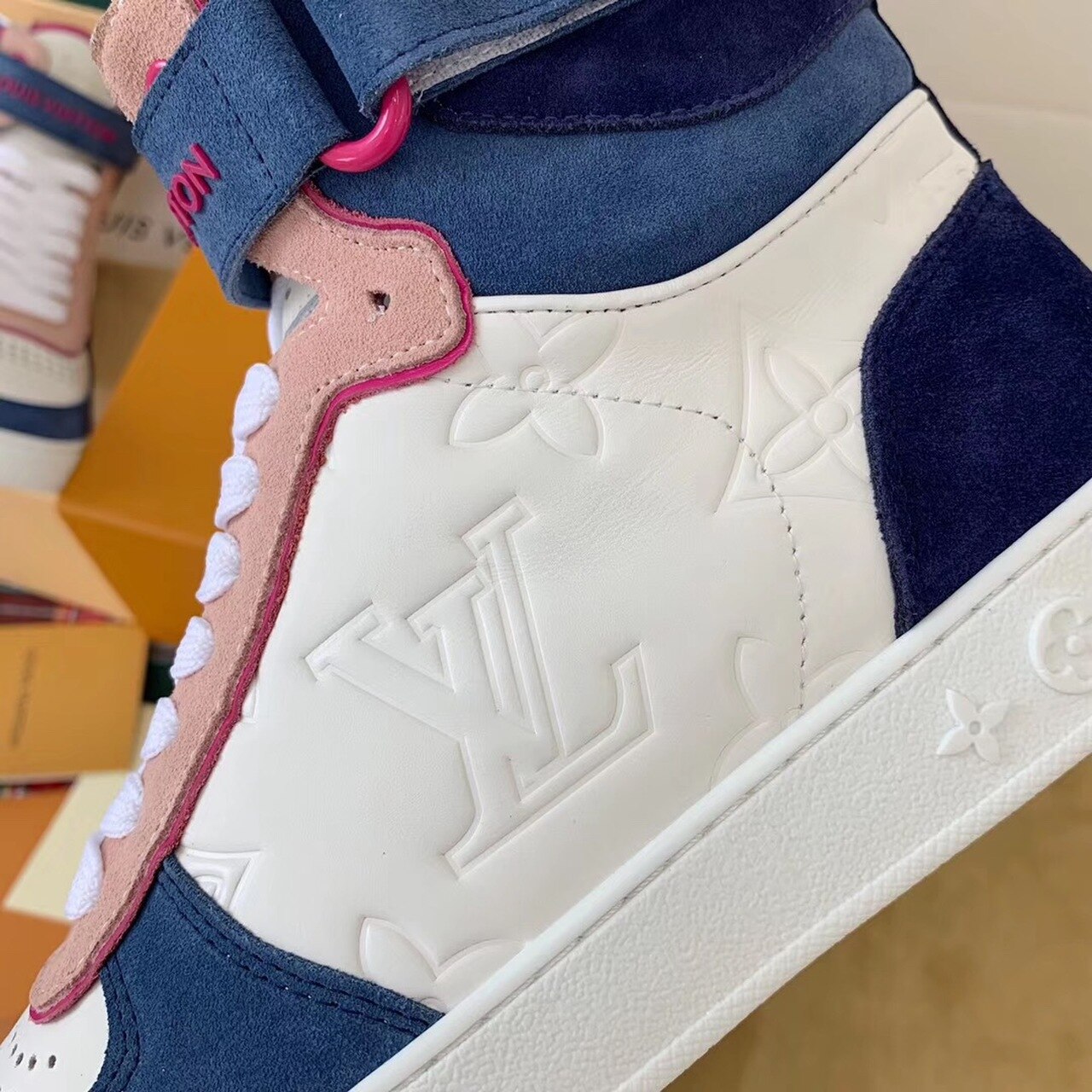 Louis Vuitton Boombox Sneaker Boot Calfskin Leather Spring/Summer Collection White/Bleu Jean/Pink - Soul Replicas