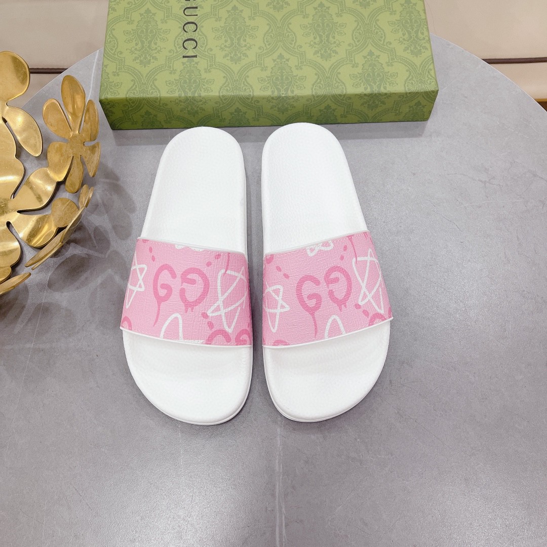 Gucci Women's Gucci Stars Print Slide Sandal Pink And White For Women 408508 - Soul Replicas