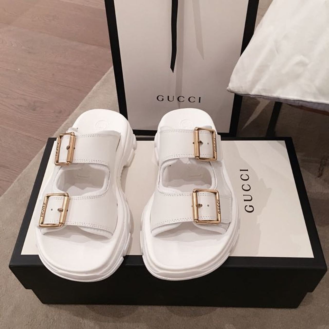 Gucci Aguru Open 2 Buckle Sandals Calfskin Leather Spring/Summer Collection White - Soul Replicas