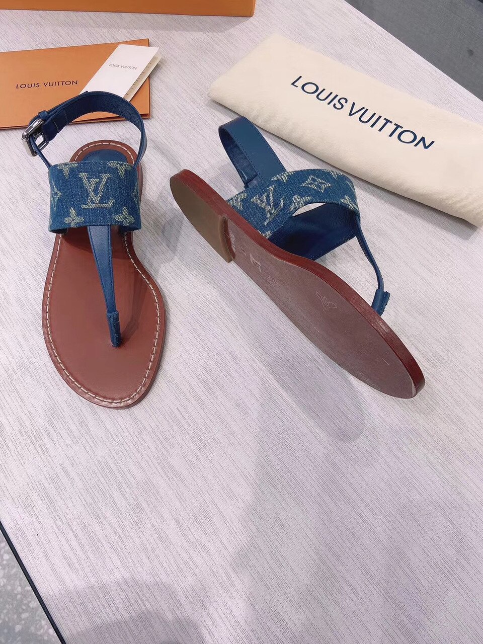 Louis Vuitton Starboard Flat Thong Sandal Monogram Denim Blue For Women LV 1A7RDP - Soul Replicas