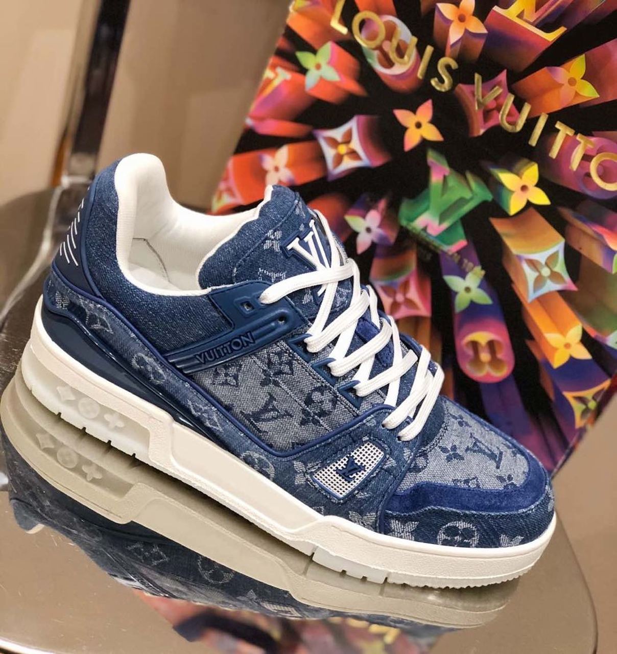 Louis Vuitton Trainer Sneaker Mix Of Materials Blue Virgil Abloh For Women LV - Soul Replicas