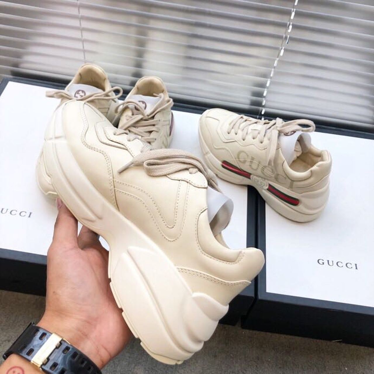 Gucci Women's Rhyton Gucci Logo Sneaker White For Women Gucci 528892 DRW00 9522 - Soul Replicas