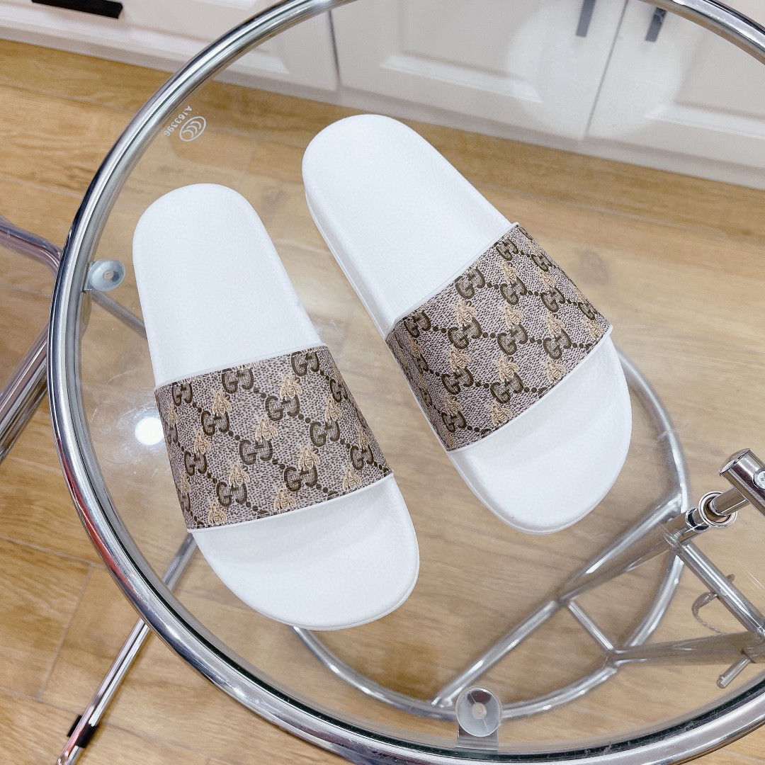 Gucci Women's Gucci Slide Sandal With Bees White And Brown For Women 407345 - Soul Replicas